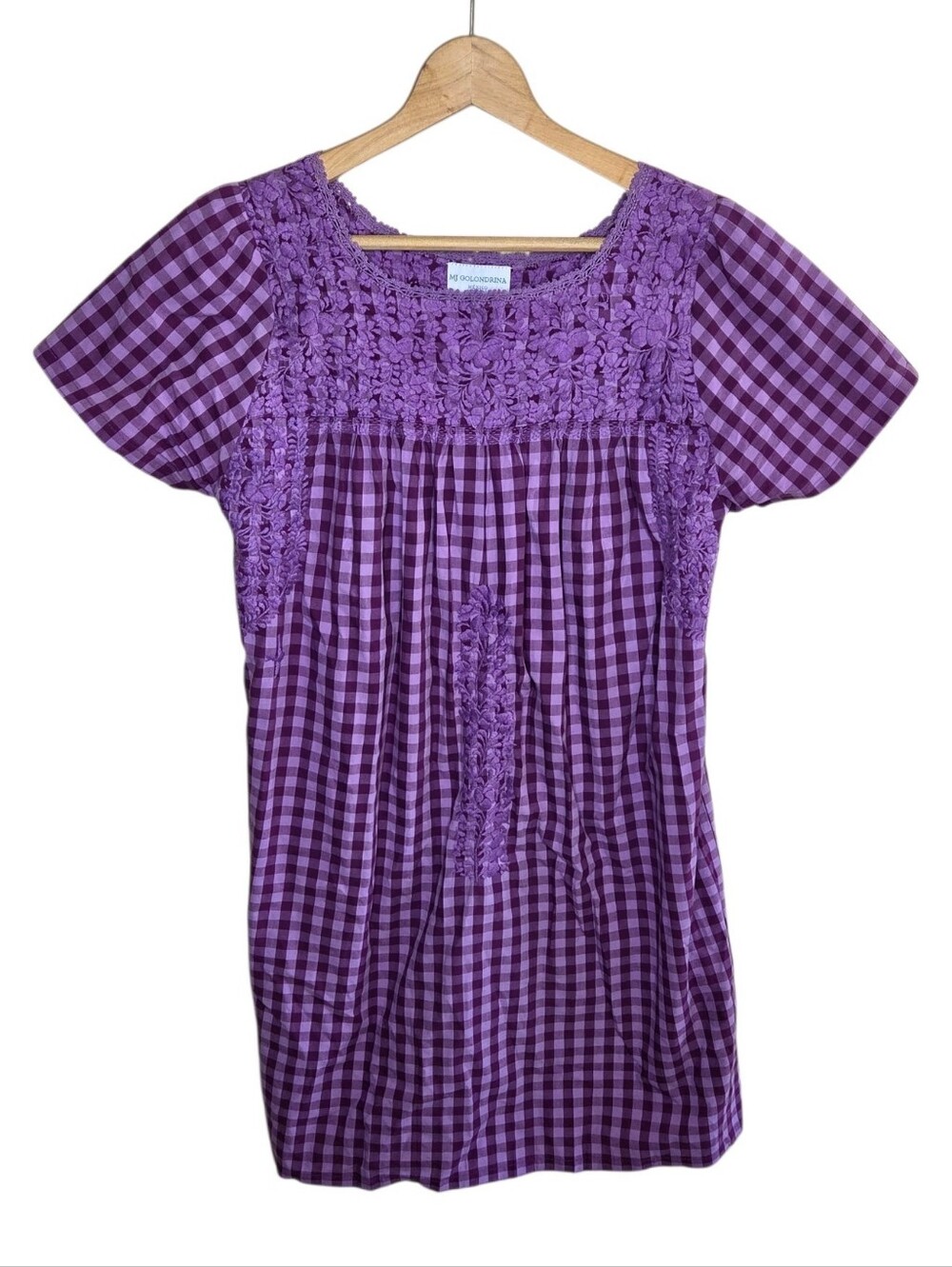 Mi Golondrina Purple Gingham Check Embroidered Shift Dress Size Small